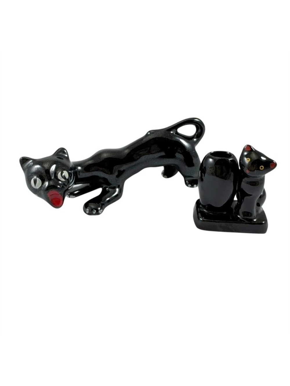 2 Redware Black Cats Occupied Japan Vintage Figurine and Vase Toothpick Holder